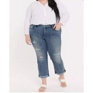 NYDJ Distressed Marilyn Straight Leg Jeans Size 42 Waist Clean Monet Embroidery